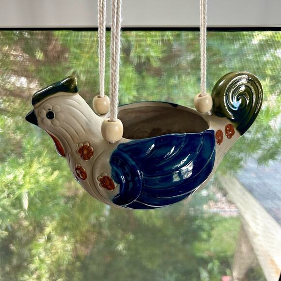 Vintage Stoneware Bird Planter Hanging Ceramic Chicken Quail - Picture 15 of 16